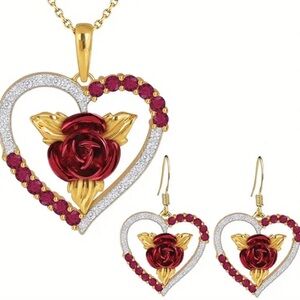 Gold and Red Heart Pendant and Earrings Set.